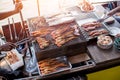 BBQ grill seafood on boat at Amphawa river market Royalty Free Stock Photo