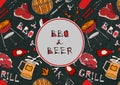 BBQ and Grill. Seamless Pattern of Summer BBQ Grill Party. Beer, Steak, Sausage, Barbeque Grid, Tongs, Fork. Black Board Backgroun Royalty Free Stock Photo