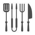 BBQ Grill Set solid icon, BBQ concept, Roasting grill tools sign on white background, Spatula, Fork, Tongs and Knife Royalty Free Stock Photo