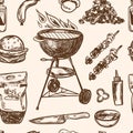 Bbq Grill Sketch seamless pattern Hand Drawn