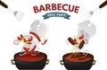 BBQ grill with steak, sausages and vegetables isolated on white background. Colorful barbecue equipment with food and fire. Vector
