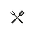 BBQ or grill tools icon. Barbecue fork and spatula cross. Vector black glyph icon isolated on white background. Royalty Free Stock Photo