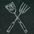 BBQ or Grill Tools Icon. Crossed Barbecue Fork with Spatula. Isolated on a Black Chalkboard Background. Realistic Doodle Royalty Free Stock Photo