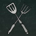 BBQ or Grill Tools Icon. Crossed Barbecue Fork with Spatula. Isolated on a Black Chalkboard Background. Realistic Doodle Royalty Free Stock Photo