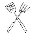 BBQ or Grill Tools Icon. Crossed Barbecue Fork with Spatula. Isolated On a White Background. Realistic Doodle Cartoon