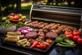 bbq grill with a variety of meats and veggie burgers