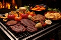 bbq grill with a variety of meats and veggie burgers