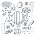 BBQ grill vector sketch illustration. Top view objects set, isolated on white background. Picnic menu design elements