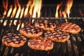 BBQ Grilled Burgers Patties On The Hot Flaming Grill Royalty Free Stock Photo
