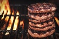 BBQ Grilled Burgers Patties On The Hot Flaming Grill