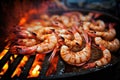 Bbq, grilled king prawns on grill grate with fire. Close-up view. Created with Generative AI technology