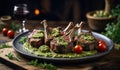 BBQ Grilled lamb mutton chop steaks are artfully arranged on a rustic wooden table. Gen ai