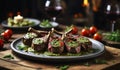 BBQ Grilled lamb mutton chop steaks are artfully arranged on a rustic wooden table. Gen ai