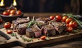 BBQ Grilled lamb mutton chop steaks are artfully arranged on a rustic wooden table. Gen ai