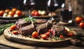 BBQ Grilled lamb mutton chop steaks are artfully arranged on a rustic wooden table and served with red wine. Gen ai