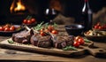 BBQ Grilled lamb mutton chop steaks are artfully arranged on a rustic wooden table and served with red wine. Gen ai