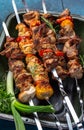 Bbq grilled meat pork, chicken and vegetable skewers on tray. Top view, flat lay Royalty Free Stock Photo