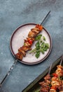 Bbq grilled meat pork and vegetable skewers on gray plate . Top view, flat lay, gray background Royalty Free Stock Photo