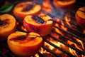 Bbq, grilled peach on grill grate with fire. Close-up view. Summer picnic outdoors. Created with Generative AI technology