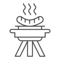 BBQ and grilled sausages thin line icon, picnic concept, barbecue with hot sausages sign on white background, bbq grill Royalty Free Stock Photo