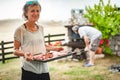 BBQ grilling party. Happy friends having backyard barbecue party Royalty Free Stock Photo