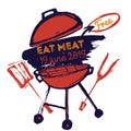 BBQ grunge doodle poster invitatation in square format. Barbecue party flyer. Grill illustration with meat. Can be used