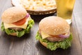 bbq hamburger with french fries and beer on the wooden background. Royalty Free Stock Photo