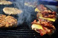 BBQ hamburger and ham cheese on the grill Royalty Free Stock Photo