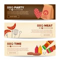 BBQ Horizontal Promo Banners Vector. Barbecue Web Background. Grilled Meat Assortment. Grilled Steak, Sausages Royalty Free Stock Photo