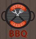 BBQ Icon with Grill Tools and Sausage on Wooden Background. Vector Illustration Royalty Free Stock Photo