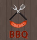 BBQ Icon with Grill Tools and Sausage on Wooden Background. Vector Illustration Royalty Free Stock Photo