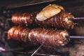 Bbq lamb intestine for turkish kokorech in a restaurant in Istanbul