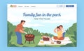 BBQ landing page. Website design. Family picnic. Relax in park. Mother and pet. Summer child cooking with father. Man