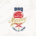 BBQ Master Vintage Vector Label, Card, Emblem or Logo Template. Retro Typography and Meat Texture. Steak Silhouette with Royalty Free Stock Photo