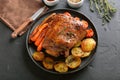 Bbq meat. Grilled pork, fried potatoes and carrots on a plate Royalty Free Stock Photo