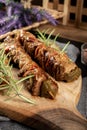 Bbq meat on wooden skewers Royalty Free Stock Photo