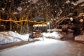 BBQ near the home in the winter. Night, garlands are burning, it is snowing. Empty playground. They lay harvested firewood under