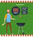 Bbq outdoor party poster place for text. Happy man cooking grill steak drinking beer picnic weekend