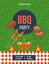 Bbq outdoor party vertical poster with place for text. Announcement cooking meat at garden Royalty Free Stock Photo