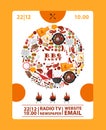 BBQ party announcement banner, vector illustration. Barbeque icons in round frame composition. Cookout barbeque event