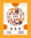 BBQ party announcement banner, vector illustration. Barbeque icons in round frame composition. Cookout barbeque event