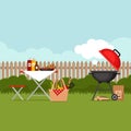 Bbq party background with grill. Barbecue poster. Flat style, vector illustration.