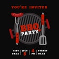 Bbq party background with grill. Barbecue poster. Flat style, vector illustration. Royalty Free Stock Photo