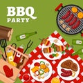 Bbq party background with grill. Barbecue poster. Flat style, vector illustration.