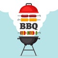 Bbq party background with grill and fire. Barbecue poster. Flat