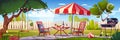 BBQ party on backyard with fence, picnic furniture