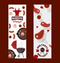 BBQ party banners, vector illustration. Grilled meat restaurant, beef steak and sausages. Cookout event announcement