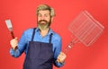 Bbq party. Culinary concept. summer weekend. happy hipster hold cooking utensils for barbecue. bearded man chef. Tools Royalty Free Stock Photo