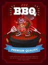 BBQ party design template with barbecue equipment, grilled sausages, steaks and vegetables. Colorful bbq design template. Vector