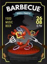 BBQ party design template with grilled sausages and vegetables. Grill time poster. Vector illustration Royalty Free Stock Photo